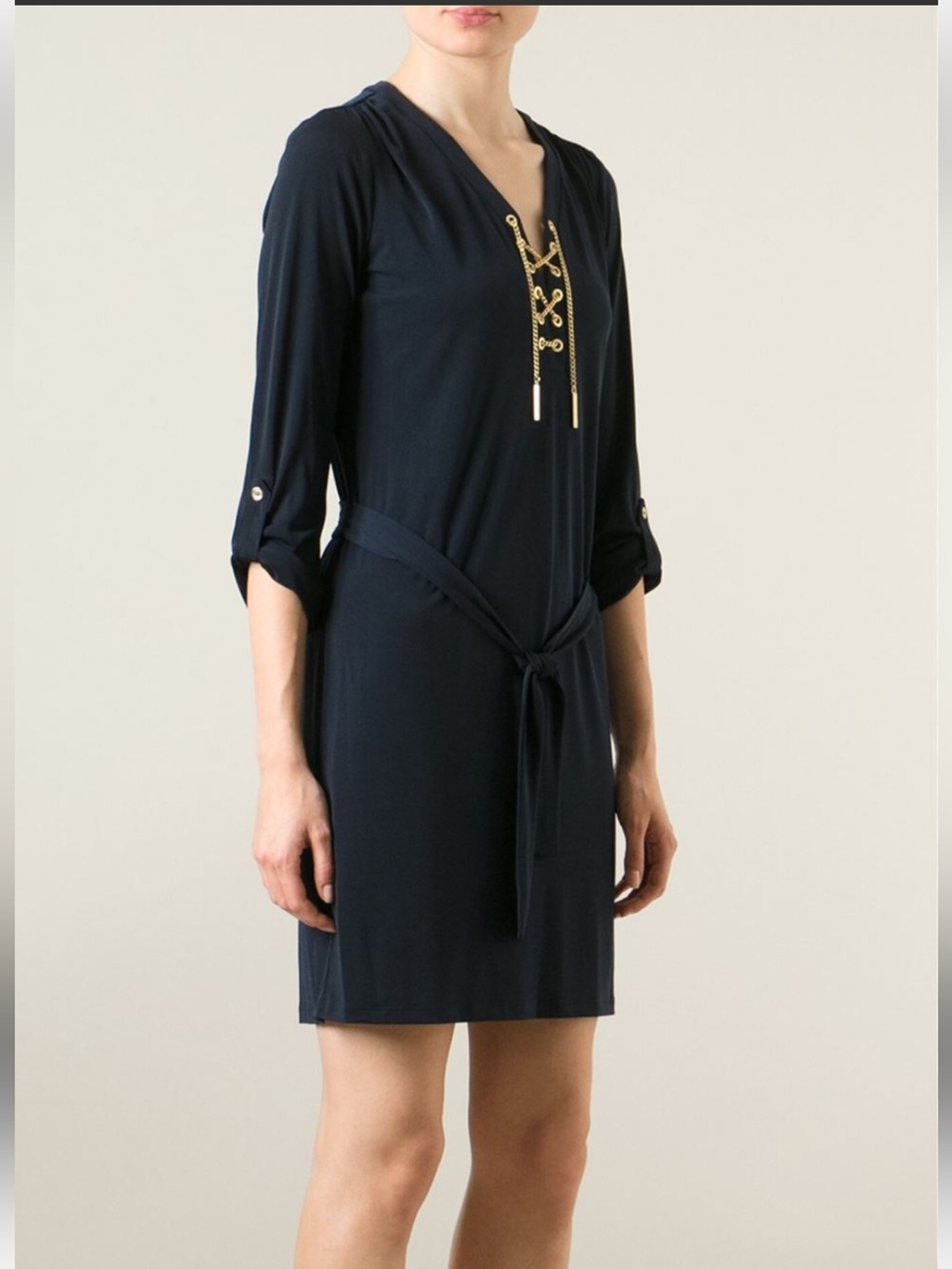 Michale by Michale Kors Navy Lace-Up V-Neck Tie-Waist Dress - Preloved - Small